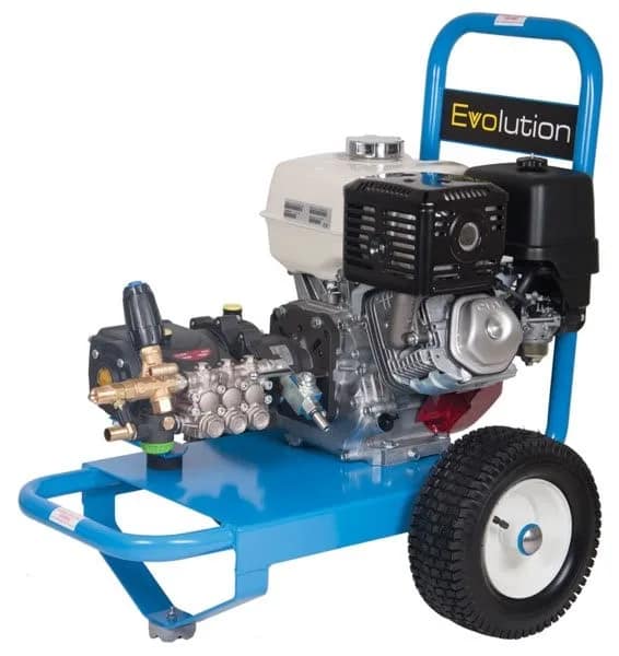 Evolution 2 15250 Petrol Pressure Washer with Part No: E2T15250PHR, featuring 250 Bar pressure (3626 PSI) and 15 Lpm flow rate. Equipped with an Interpump 59 series pump, Honda GX390 petrol engine, 1450 Rpm gearbox drive, return-to-tank unloader valve, external chemical injector, and easy prime ball valve. Mounted on a powder-coated trolley with 13-inch wheels, this heavy-duty machine includes a single lance, 10m high-pressure hose, and 3m heavy-duty suction hose with filter, ideal for industrial and commercial cleaning applications