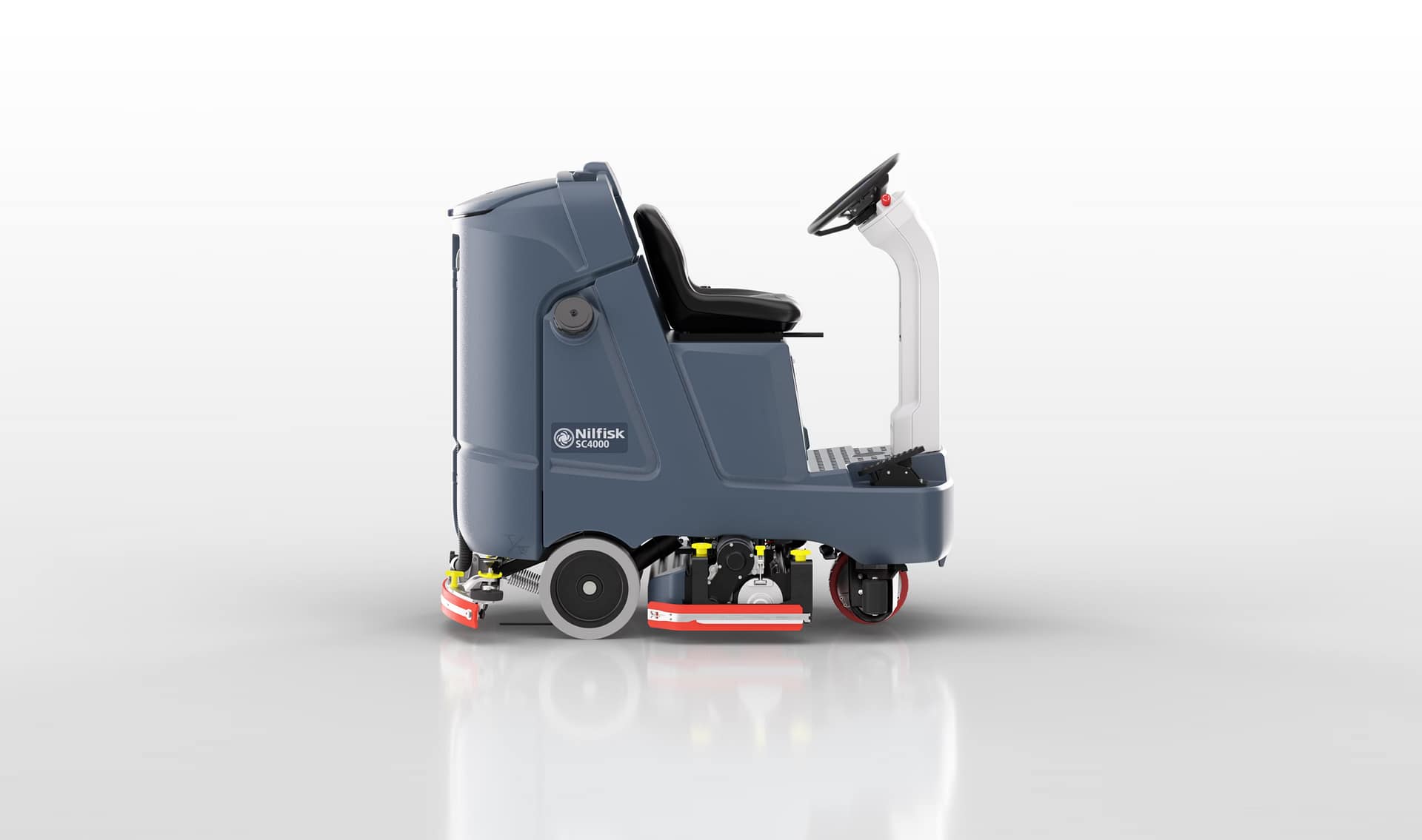 Side view of Nilfisk SC4000 ride-on scrubber dryer